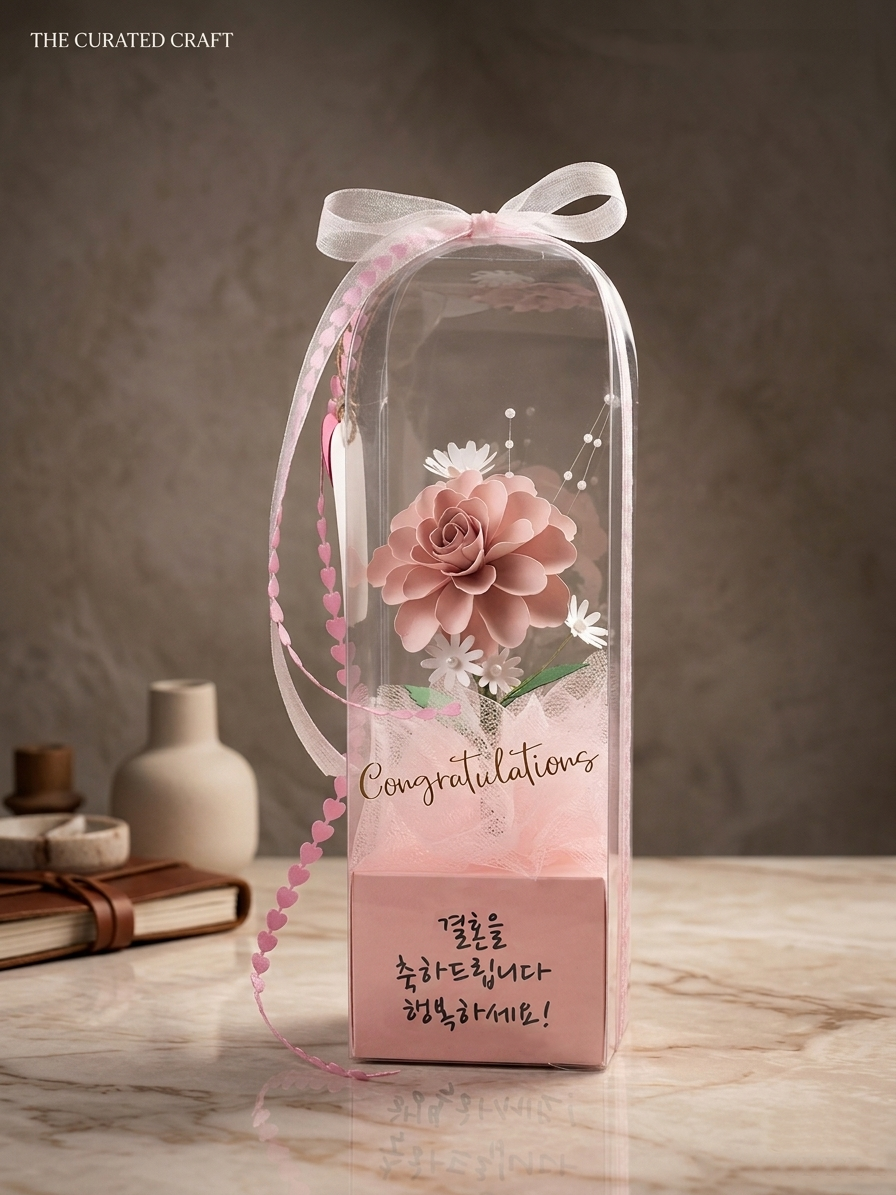 Handcrafted Paper Flower Dome Gift Box – Custom English or Korean Greeting & Matching Gift Card Holder