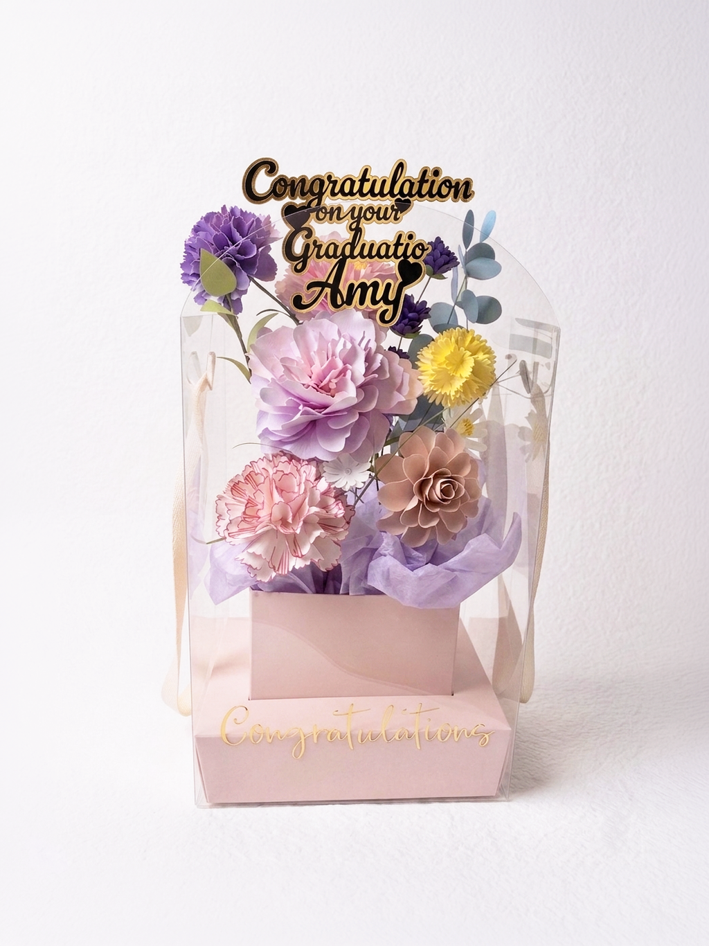 Custom Paper Flower Bouquet Carrier Box with Cake Topper – Graduation & Anniversary Gift